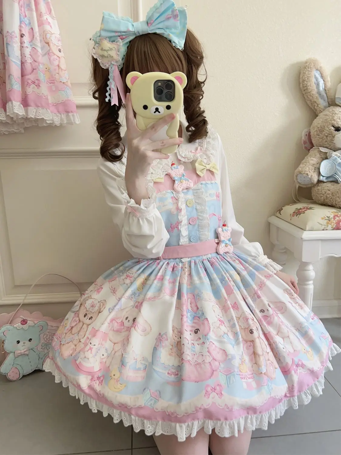 Japanese Sweet Dream Jsk Lolita Dress Kawaii Cute Bear Print Bow Lace Strap Dresses Girl Harajuku Princess Mini Dress