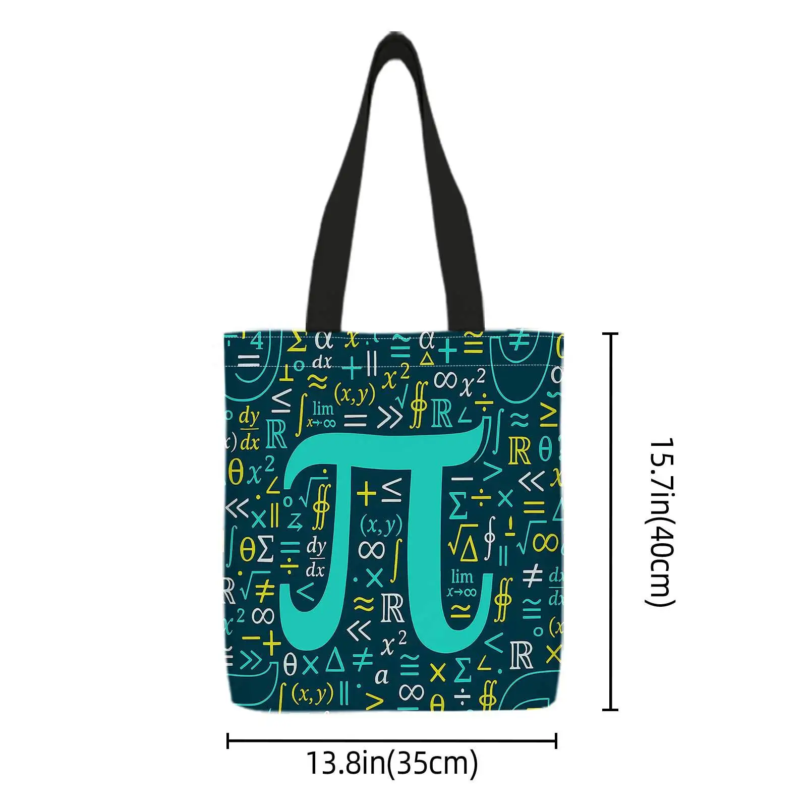 Double-Sided Printed Shopping Tote Bag with Mathematical Symbols, Pi (π), and Formulas on Teal Background. Lightweight, Foldable view 3