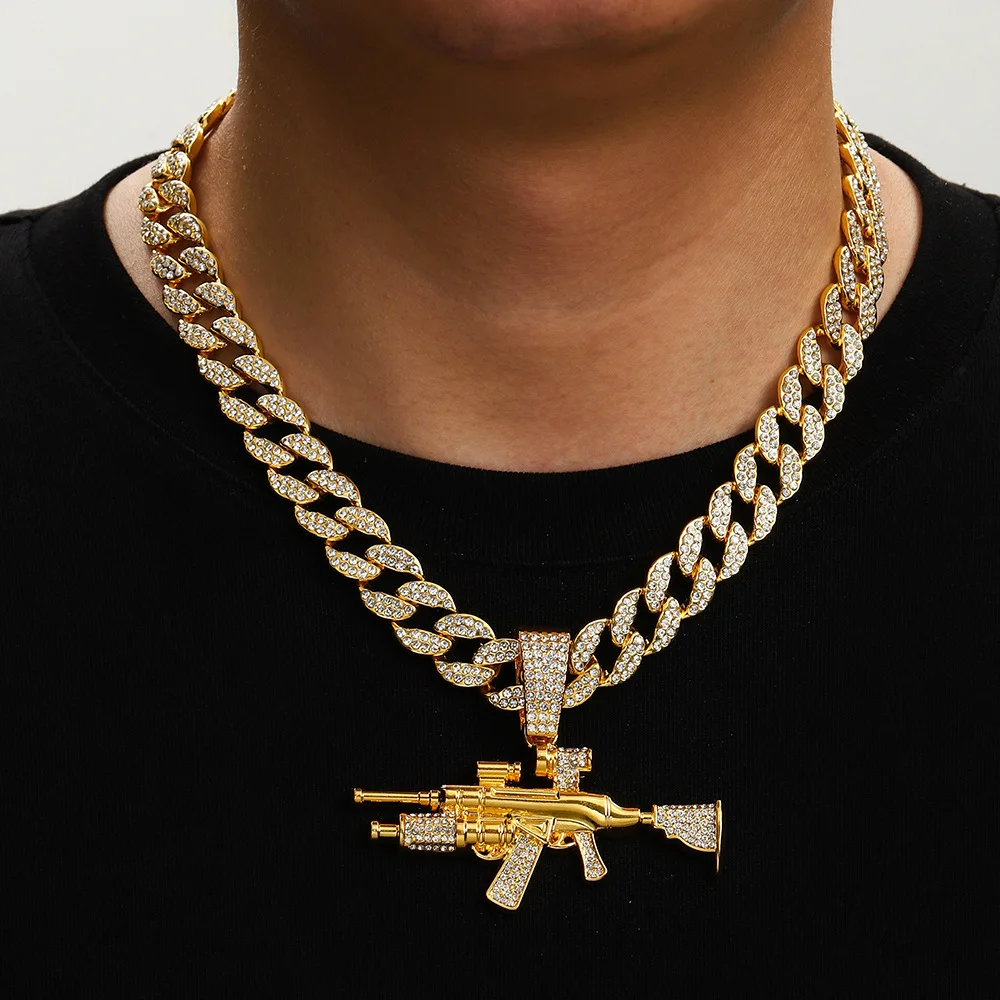 Newly Arrived Jewelry Gold Color Inlaid All Zircon Sniper Rifle Pendant Necklace UNISEX Halloween Hip Hop Happy Party Necklace