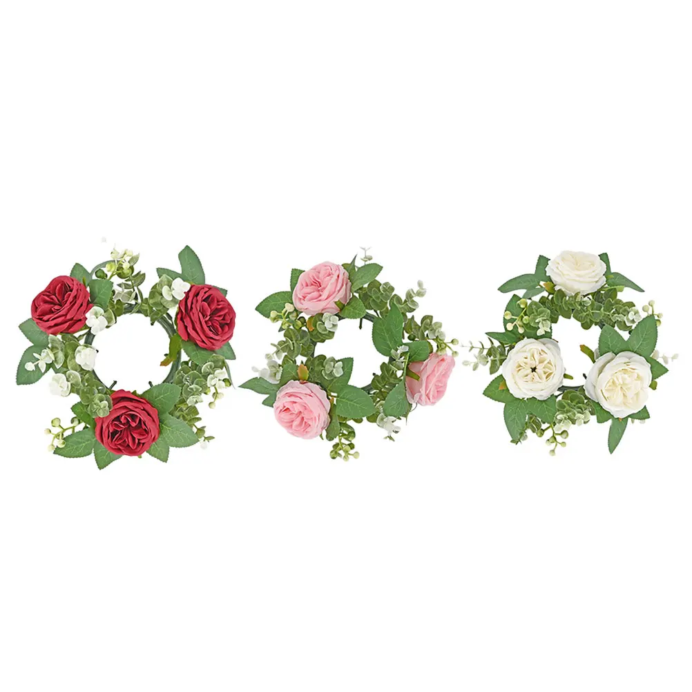 

3pcs Artificial Rose Ring Rustic Pillar Wreath Wedding Birthday Festival Table Centerpiece Floral Ring For Party