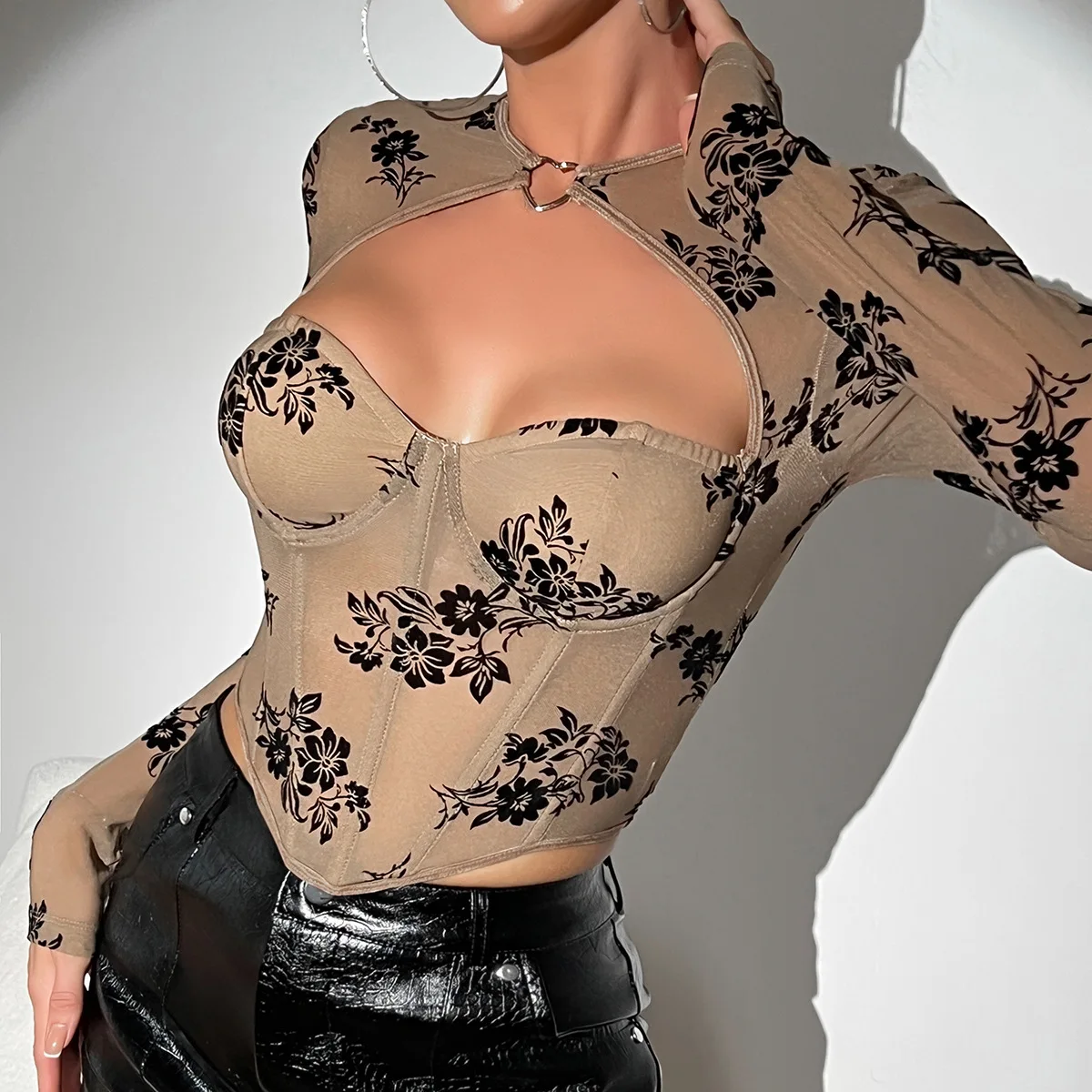 Chic Sexy​ printing Low Cut O-Neck Long Sleeve Corset Crop Top Hollow Out Slim Fishbone Bustier Women's Bodice Streetwear Camis