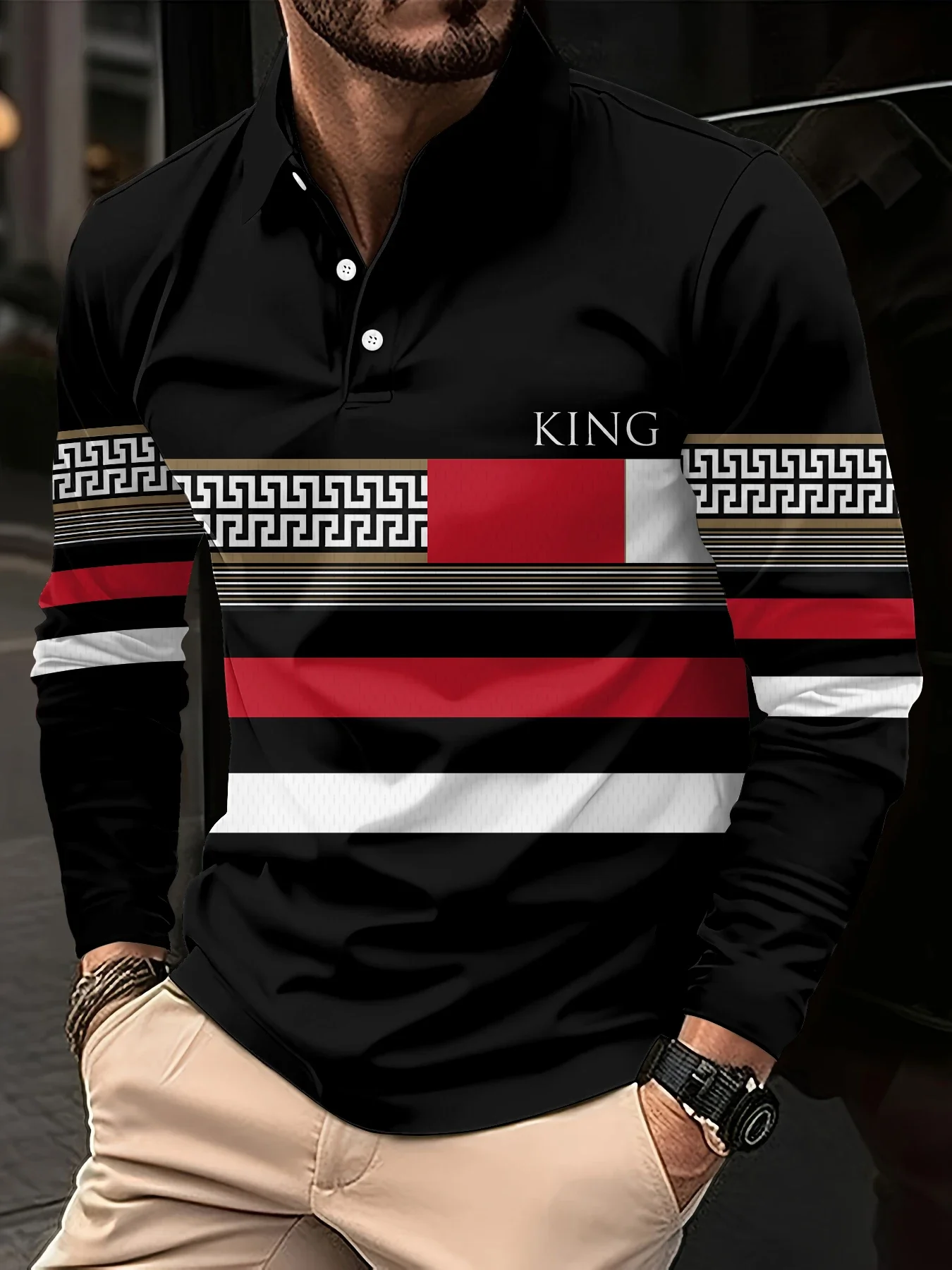 Men's long-sleeved polo shirt 3d striped printed autumn business casual lapel button men's clothing ventilate sports polo shirts
