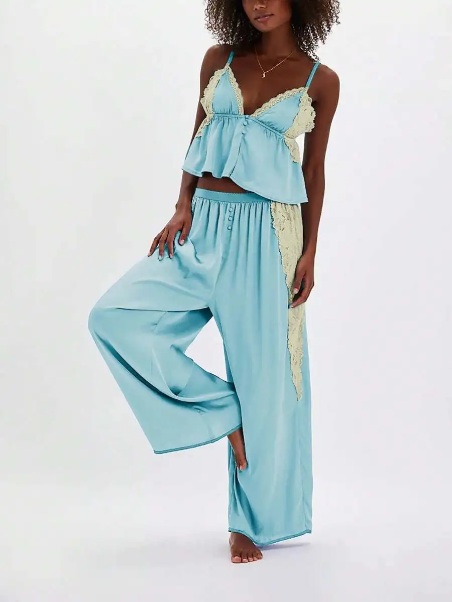 Womens Lace Satin Pajama Set Spaghetti Strap Ruffled Cami Top Loose Pants Soft Sleepwear Loungewear