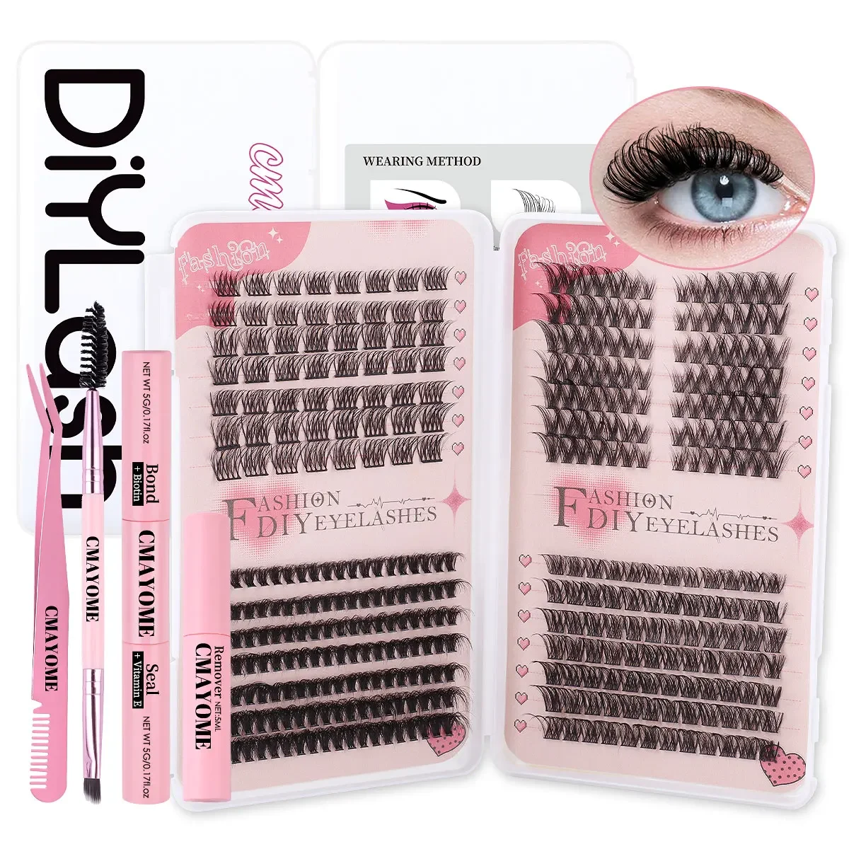 Lashes Clusters Extension Kit 378 Pcs DIY Individual Lash Cluster Natural Eyelash False Eyelashes Wispy Fluffy Bond and Remover