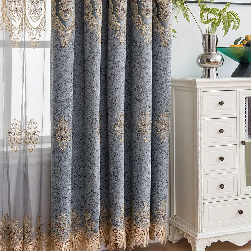 Luxury Chenille High Quality Blue Green Purple Curtains For Living Room Bedroom Study Room Gold Thread Embroidered Curtains