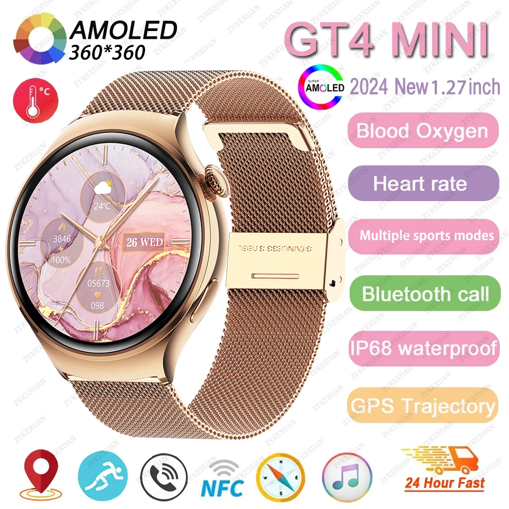 화웨이 GT-4 미니 NFC 스마트 워치 여성용 GPS 트래커, 1.27 인치 AMOLED 스크린 심박수 블루투스 통화 레이디 스마트워치, 2024 신제품 