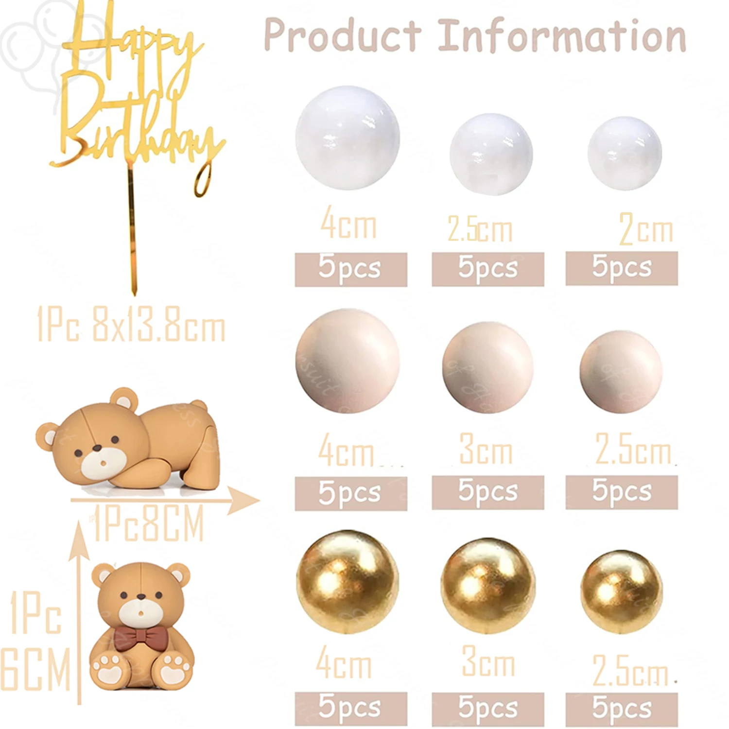 48Pcs Bear Cake Toppers Khaki White Gold Cake Balls Bear Cake Satnd for Baby Shower Baptism Happy Birthday Party Cake Decoration