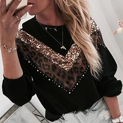 Women Sequins Lips Print Fashionable Sweatshirt Autumn Leopard Long Sleeve Beading Hoodie Lady O-neck Kawaii Sweatshirt Hoodies