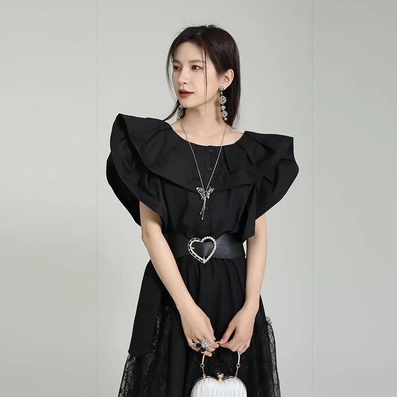 قميص Zhonhuang Rizhen للسيدات بتصميم Sense لون نقي ورقبة دائرية وأكمام قصيرة وألياف بوليستر 00% لموسم الربيع