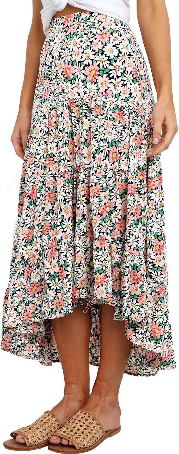 

Women's Ditzy Floral Print Midi Skirt Boho Elastic High Waist Long Skirts for Women Trendy High Low Hem