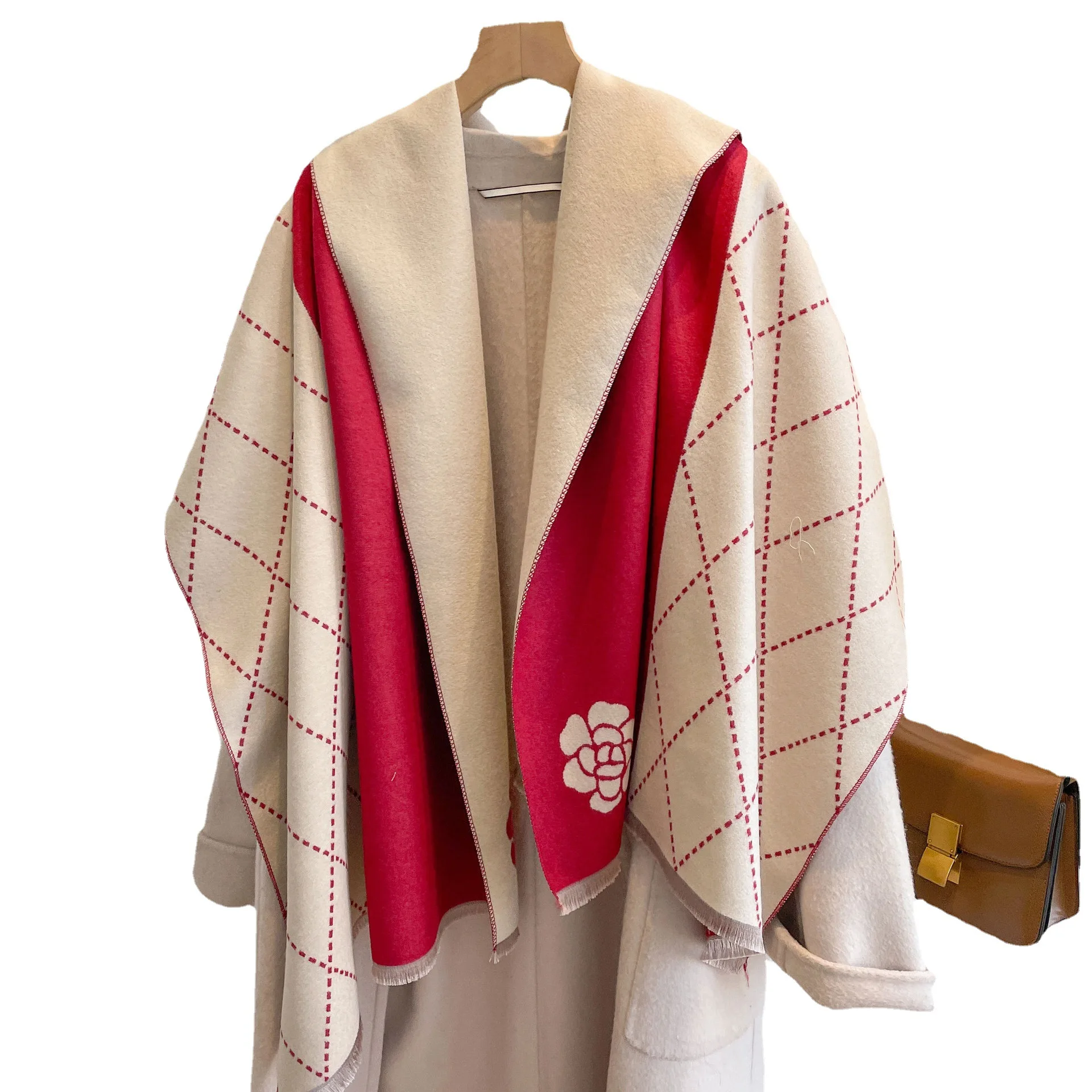 Autumn Winter Double-Sided Faux Cashmere Camellia Scarf for Women,Thickened European American Neck Warmer Shawl Wrap Outerwear