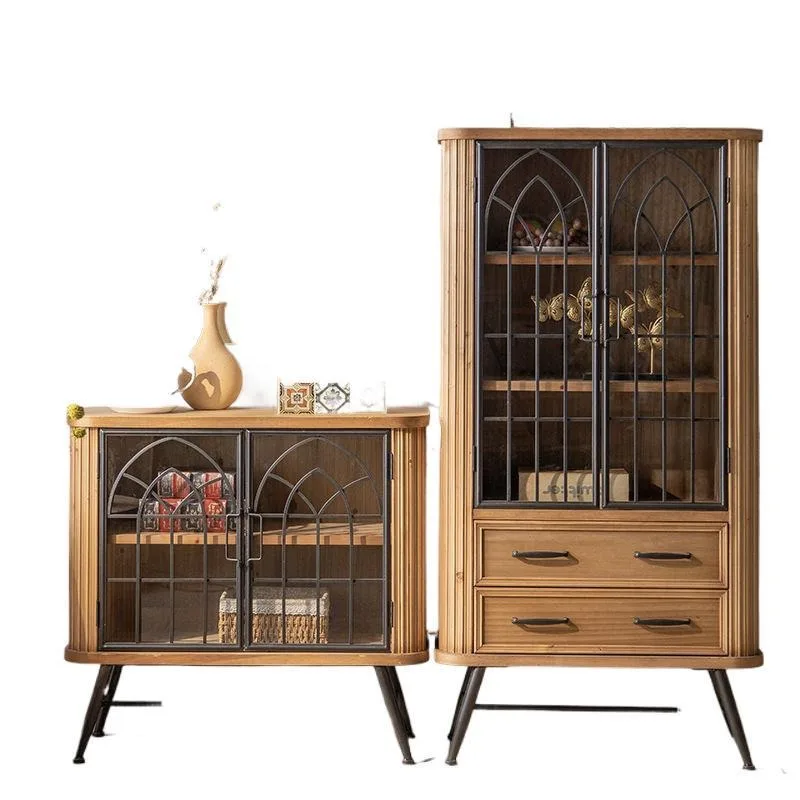 

American retro dining side cabinet solid wood entry wrought iron glass door tea cabinet