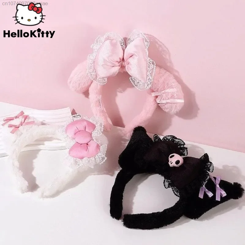 

Праздничная Кружевная повязка для волос Kuromi Hello Kitty Melody средней осени, милый плюшевый пушистый ободок для волос с плюшевым бантом, аксессуары