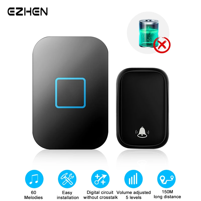 Wireless Doorbell Waterproof Welcome Chime Home Door Bell Self-Powered 150M Wireless Distance 60 Songs Smart Doorbell US EU Plug