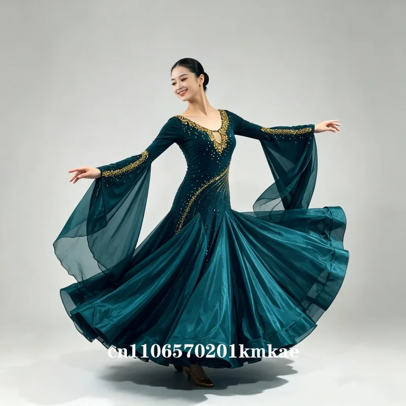 

Women's Rhinestone Velvet Ballroom Competition Dress, Deep Green with Gold Details, Flared Long Sleeve for Waltz Tango Stage Wea