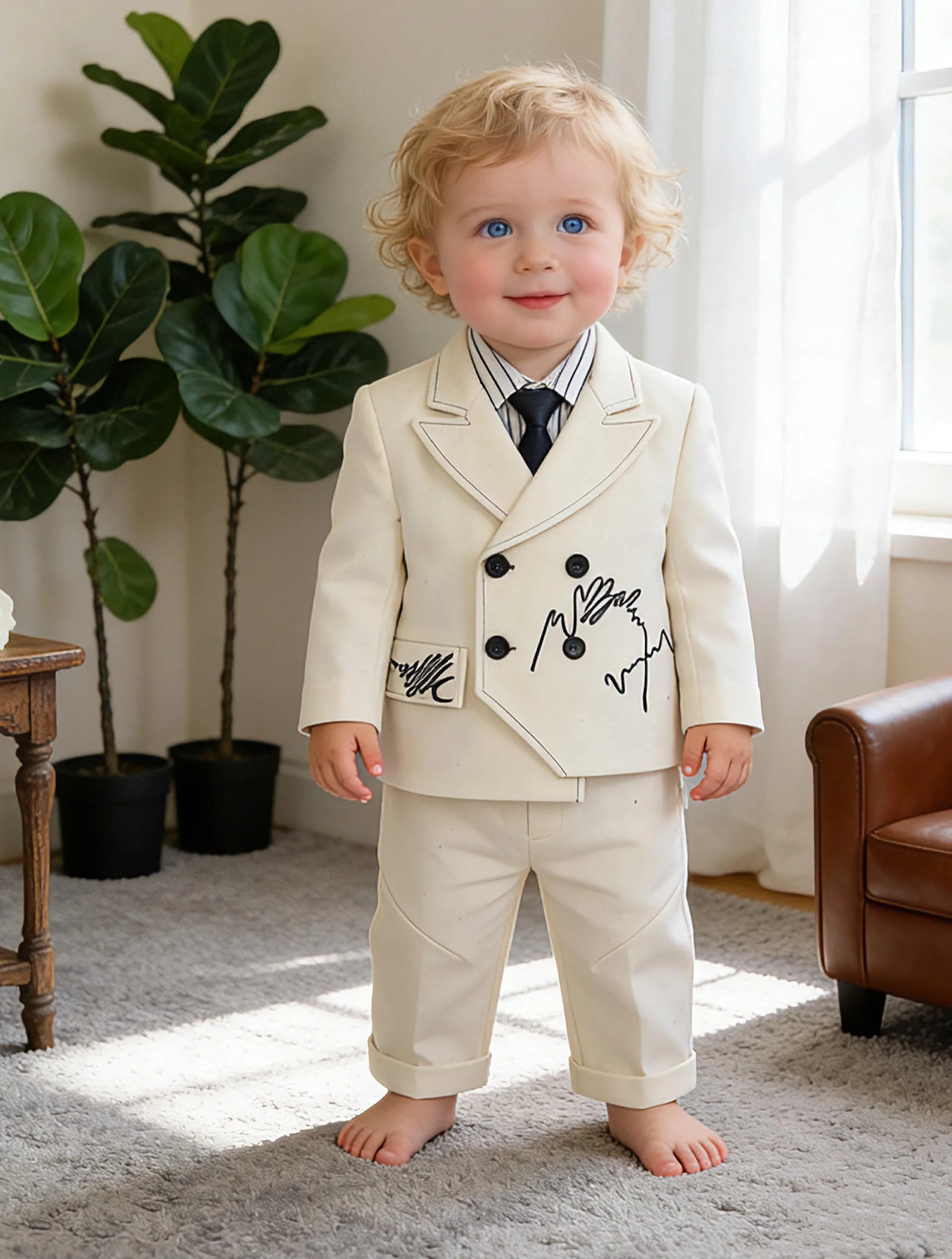 

Little Kids Spring Beige Jacket Vest Pants Tie Wedding Dress Baby Kids Birthday Photography Suit Children Performance Costume