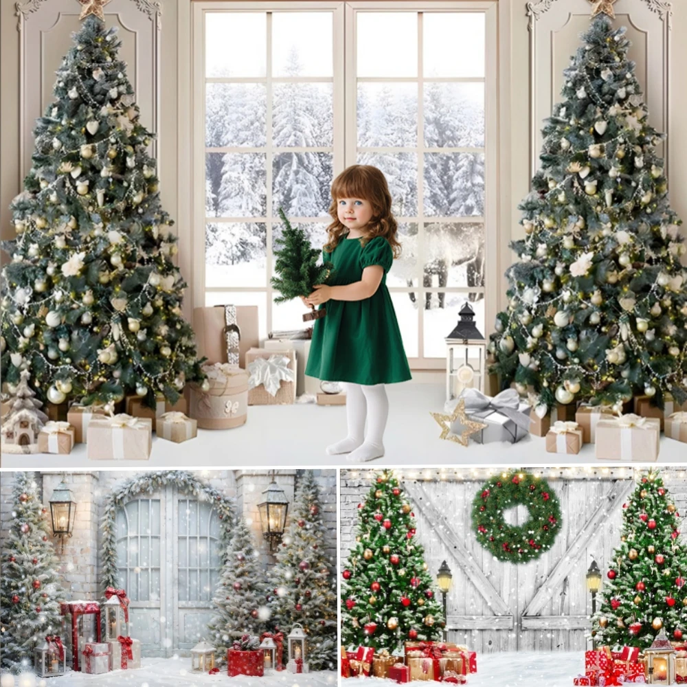 

Christmas Photography Background Inside Window Xmas Wood Door Gifts Xmas Tree Kids Family Portrait Decor Backdrop Photo Studio
