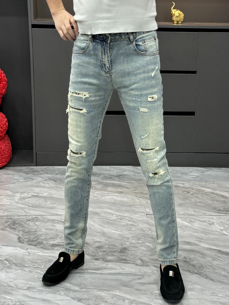 

Light Blue Men's Jeans Casual Straight Leg Torn Denim Pants Slimming Faionable Spring New Arrival Youth Wear Casual Men's T...