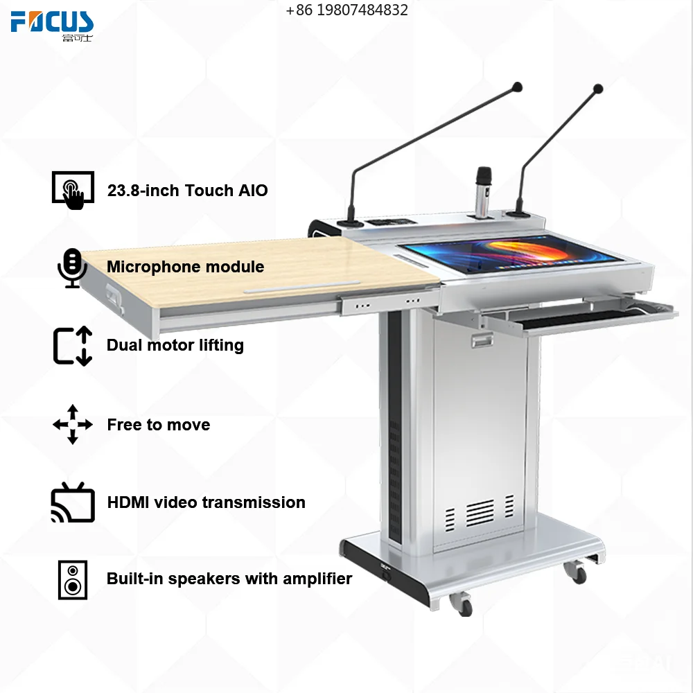 23.8 Inch Touch AIO Screen Digital Podium, Customizable Interactive Rostrum with Mics for Presentations