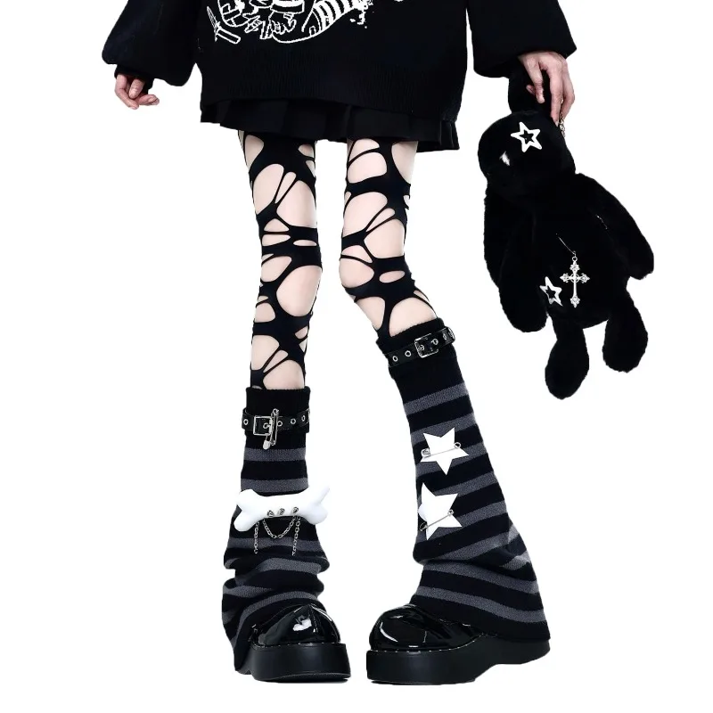 Japanese Style Kawaii Cosplay Leg Warmers Star Print Striped Bone Chain Design Subcultures 2000s Y2K Punk JK Girl Preppy Socks