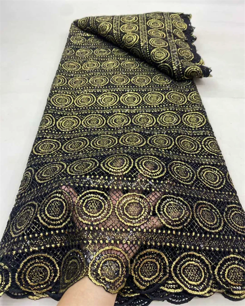 Afrikanischer Nigeria Hochwertiger Pailletten-Stickerei-Tüll-Spitzenstoff, 5 Yards, Guipure-Kleid, Perlen, Stein für Hochzeitsfeier