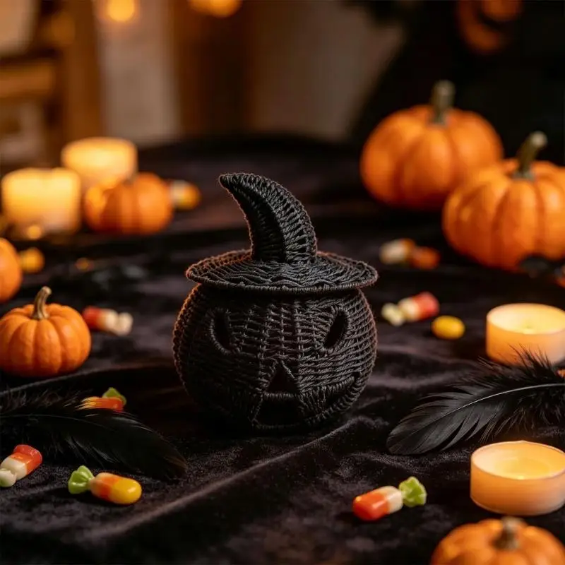 F19B Woven Faux Rattan Black Pumpkin Decoration for Fall Shelf and Tabletop Decors