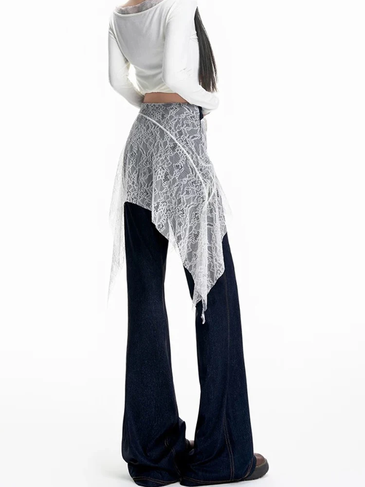Y2K – jean bleu profond pour femmes, rétro américain, Micro évasé, couture en dentelle, taille haute, Slim Fit, pantalon en fer à cheval