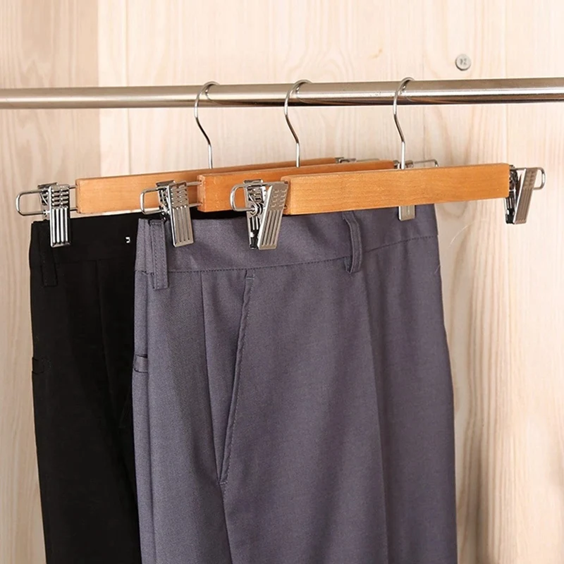 20 Pack Wooden Skirt Hangers With Adjustable Clips Non-Slip Trouser Hanger Natural Finish Lotus Wood Pants Hangers 360°