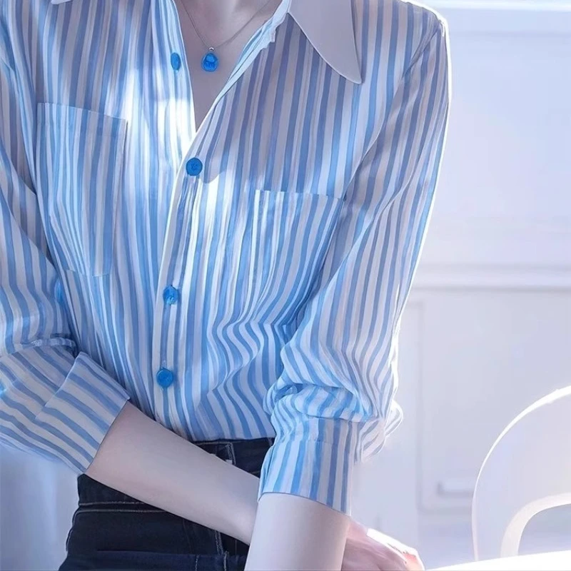 Chemisiers Vintage pour femmes, chemises rayées, mode ample, couleur unie, vêtements décontractés, manches longues, hauts coréens pour femmes, printemps/été