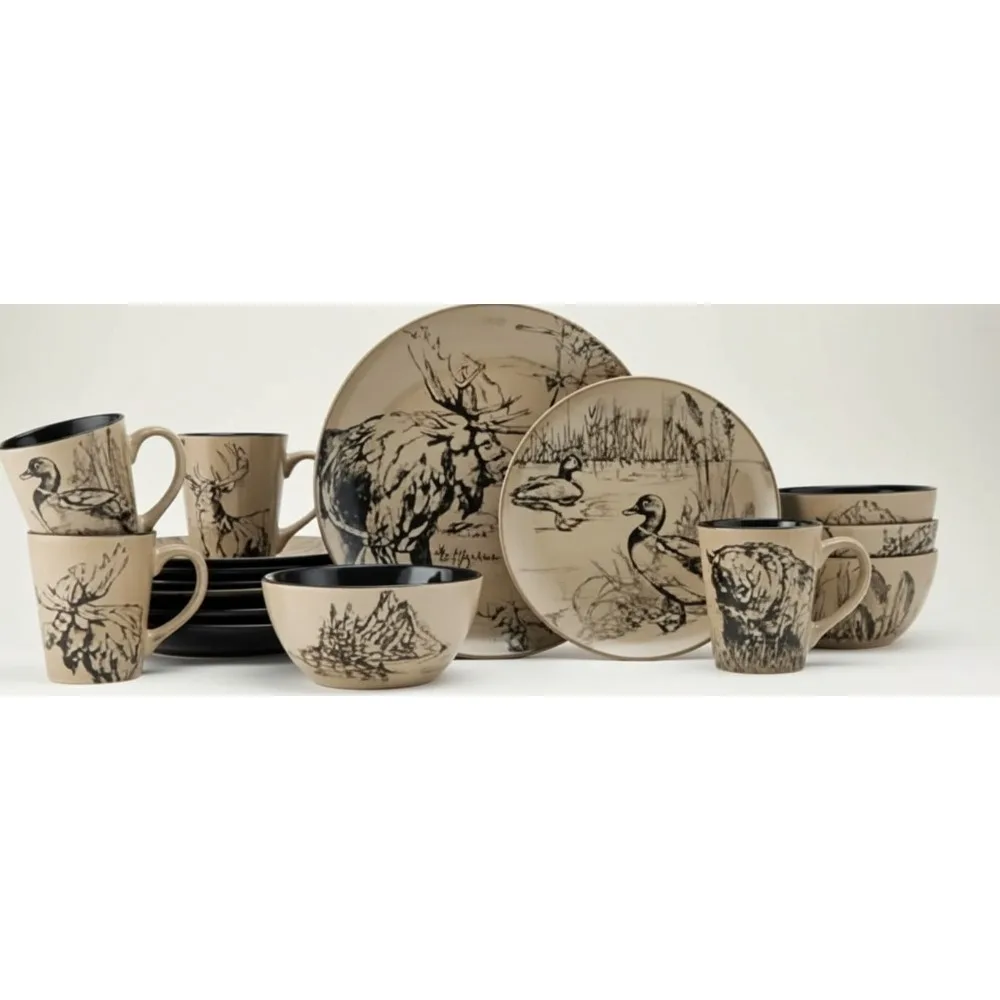 

16-Piece Lodge Style Dinnerware Set, Service for 4, Animal Print Stoneware Plates & Bowls, Dishwasher & Microwave Safe