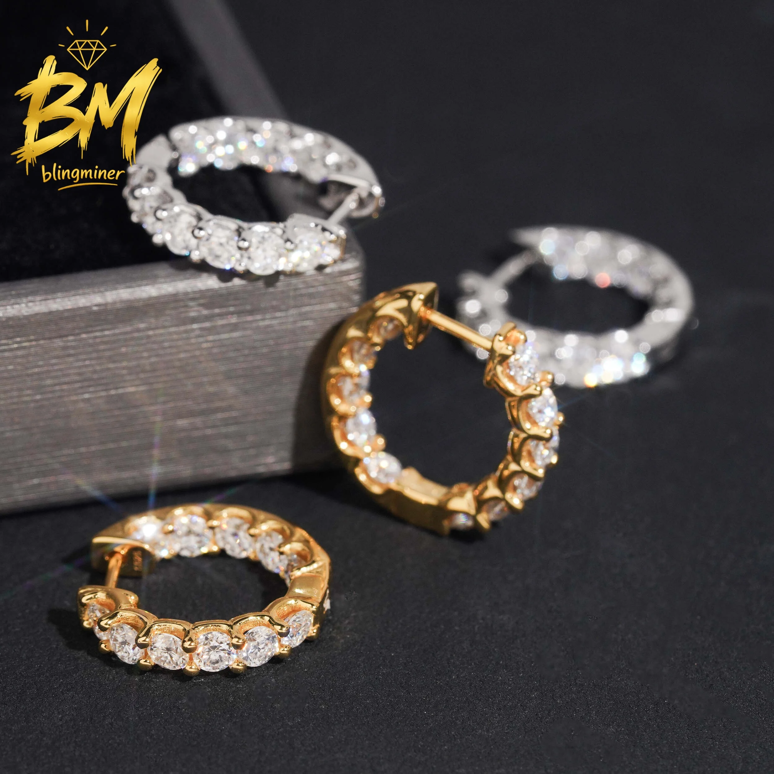 Blingminer S925 Silver 3.0mm Hoop VVS Moissanite Earrings For Men Women Ear Studs Jewelry Pass Diamonds Tester GRA Free Shipping