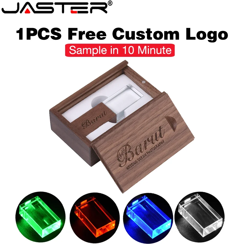 Green LED USB Flash Drive 128GB gratis Custom Logo Pen Drive 64GB kristal kotak kayu Memroy Stick kreatif hadiah bisnis flashdisk