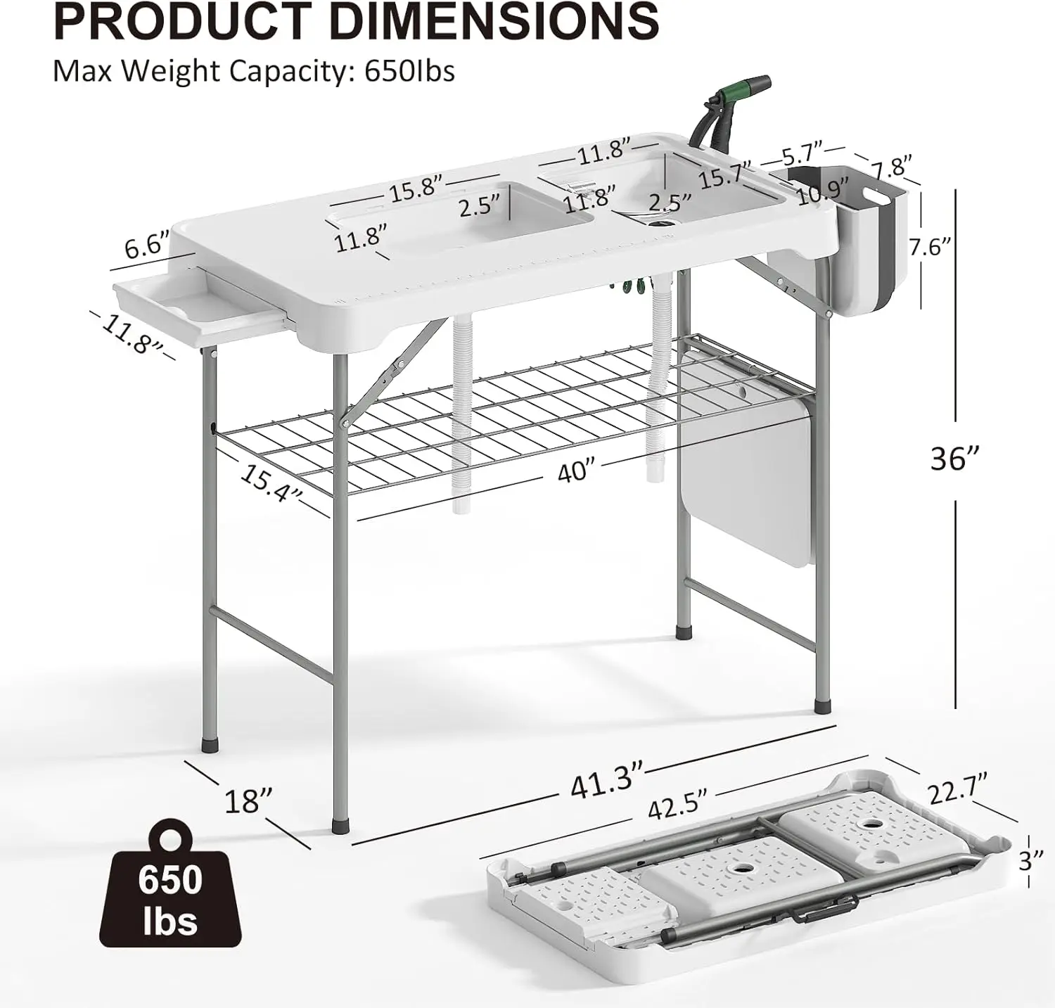 Cleaning Table with Dual Sink, Portable Folding Camping Table with Faucet, Sprayer, Grid Rack, Hose Hook Up & Knife G