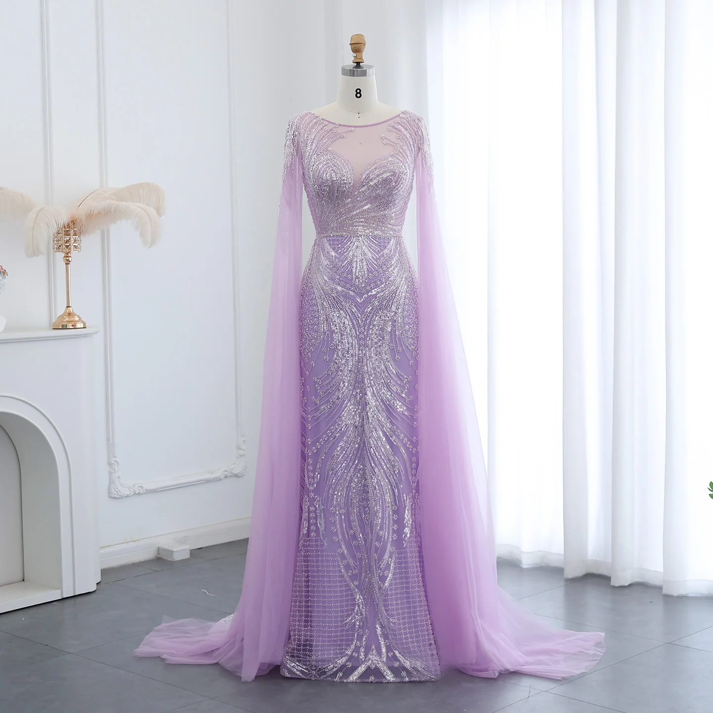 Sharon Said Luxus Dubai Lila Meerjungfrau Abendkleid mit Cape Ärmeln Plus Größe für Frauen Hochzeit Party Kleider SS049 Maßgeschneidert