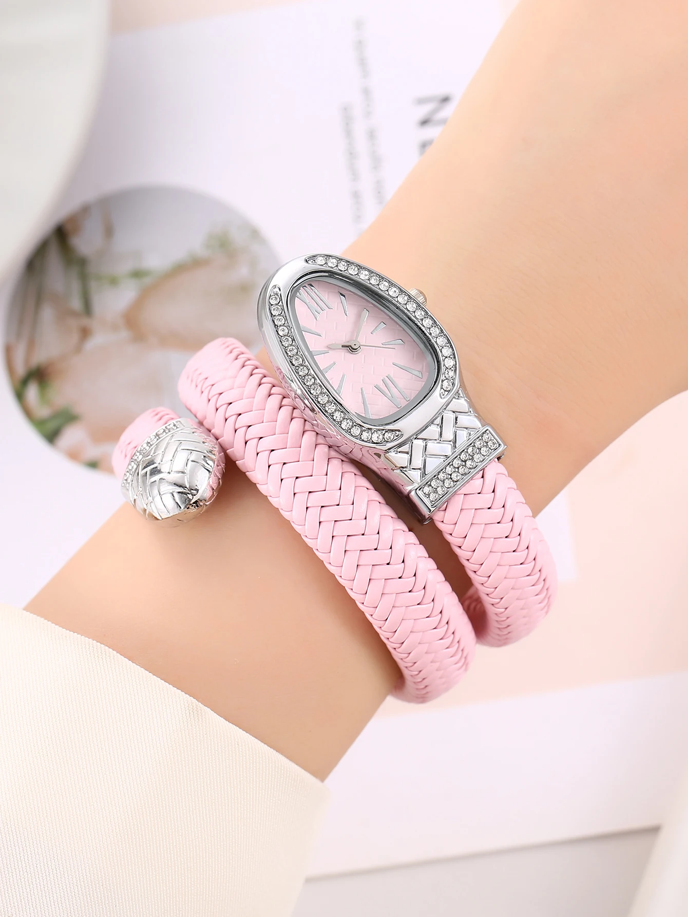 Women Snake Bangle Quartz Watch, Rhinestone Roman Dial Braided Leather Strap Wristwatch