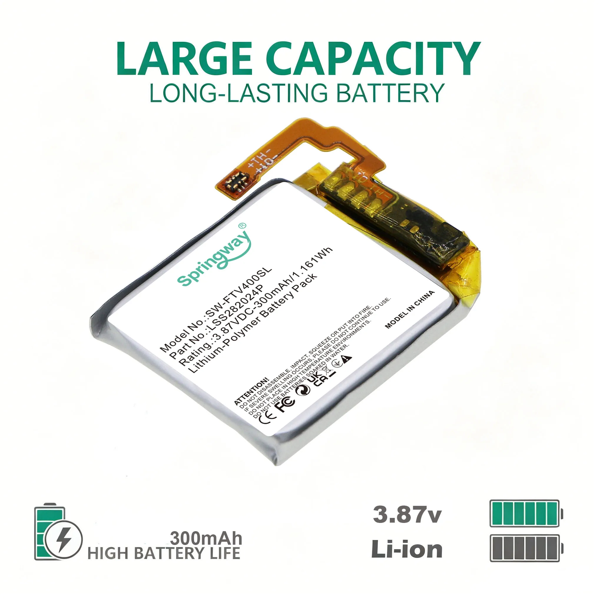 Smartwatch Battery For Fitbit:Versa 4,LSS282024P,--300mAh / 1.161Wh--Li-Polymer--3.87V
