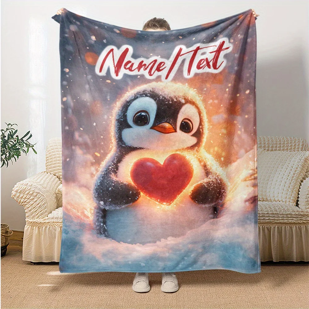 Custom name cute penguin flannel blanket, soft blanket, suitable for sofa, bed, birthday, children, friends, gifts