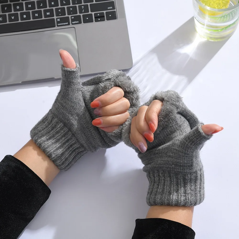 

Acrylic Fibres Unisex Anti-cold Mittens Soft Touch Screen Half Finger Gloves Solid Color Windproof Knitted Yarn Flip Mittens