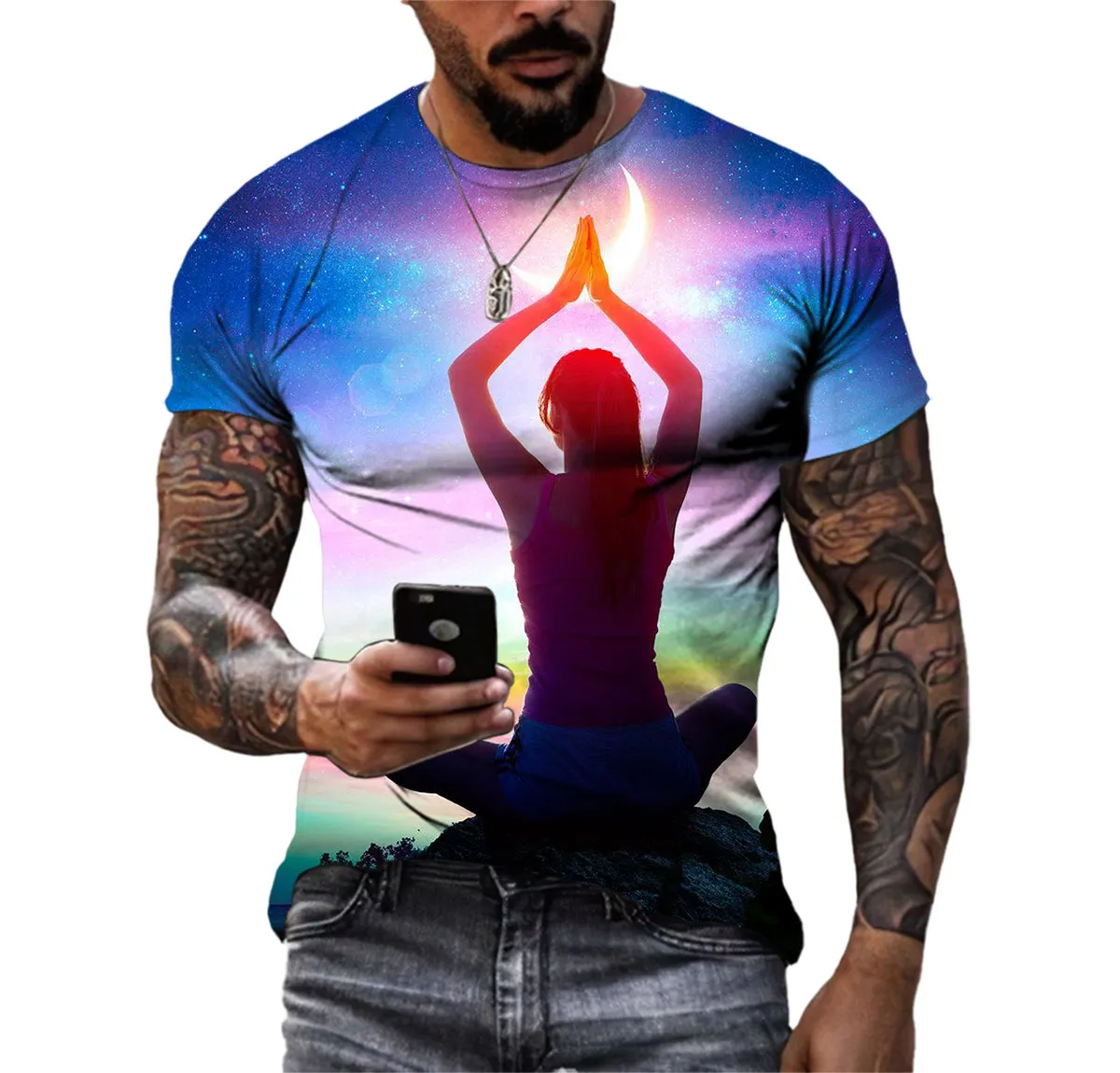 3d High-Definition Quiet Yoga T-Shirt Men'S Large Silhouette Short Sleeve Casual Fashion Trend Street Crewneck Comfortable Shirt