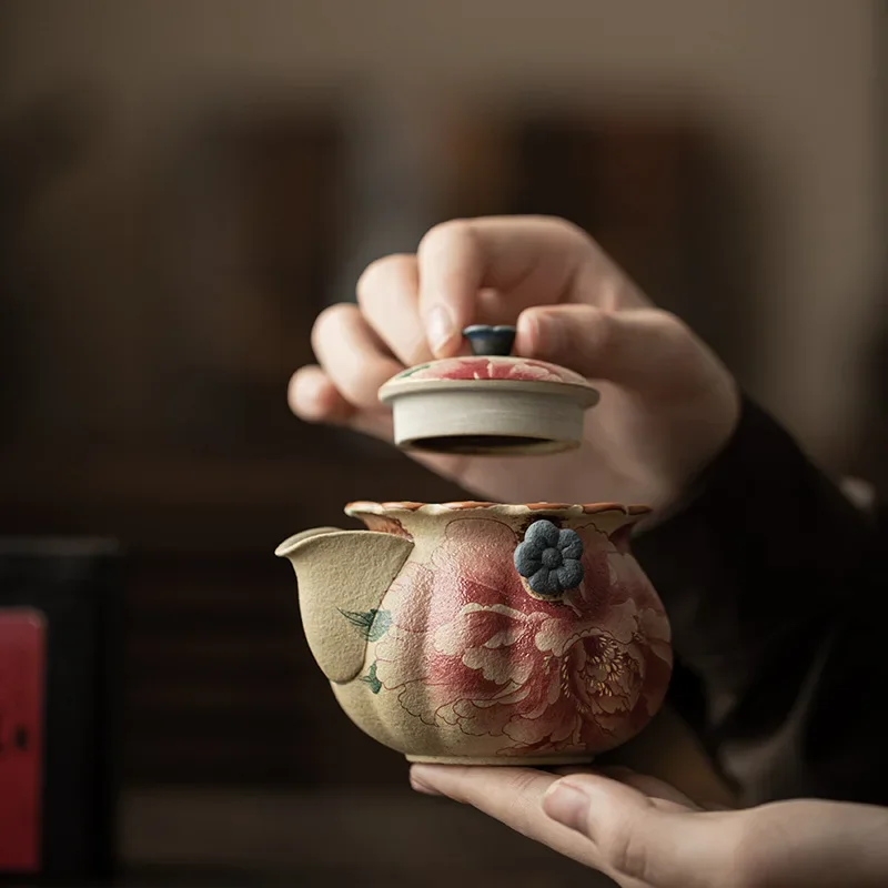 135ML Blue and White Flint Red Hand Grab Pot Household Antique Peony Bubble Teapot Anti-scalding Teapot China KungFu TeaSet Gift