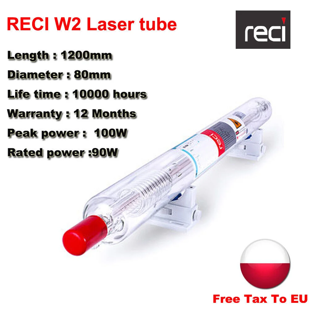 Reci-Tube laser CO2 W2, 100W, diamètre 80mm/65mm, boîte d'emballage en bois, machine de gravure et de découpe laser CO2, calcul fonctionnant, stock UE