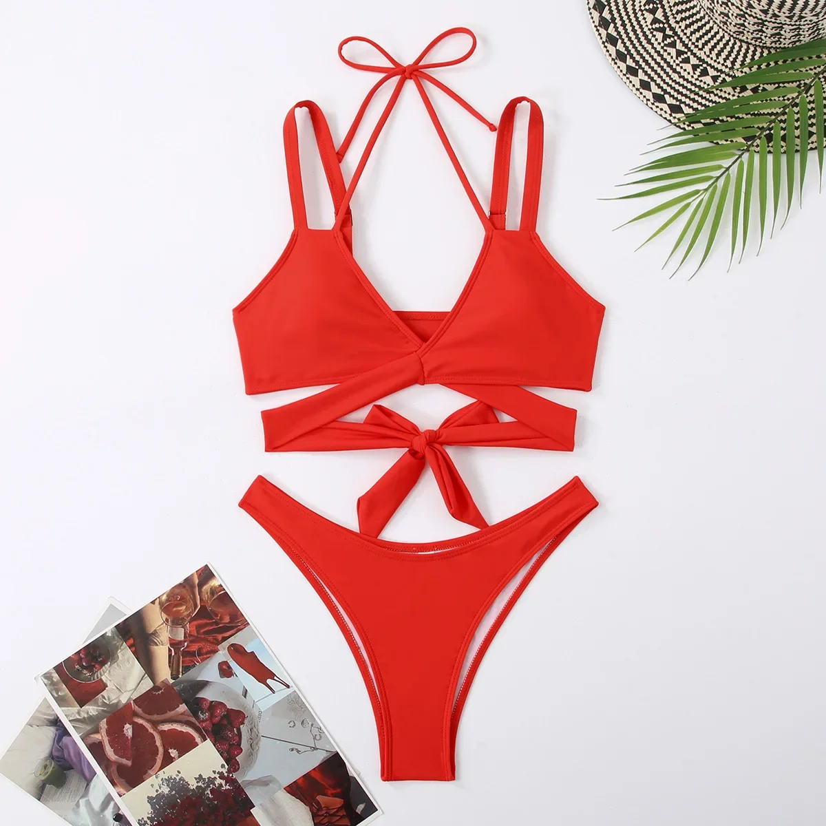 Women Strap Ties Bikini Set 2024 Female Solid Sexy Swimsuit 2 Pieces Sexy Swimwear Beach Outfits Damen Bathing Suit Push Up