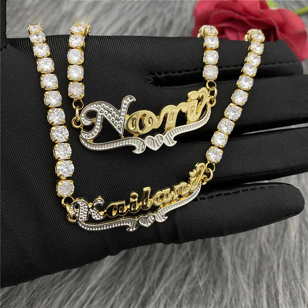 Personalized Tennis Chain Double Plated Name Anklet with Heart 18k Gold Plated Custom Name Anklet Two Tone Pendan Gift for Women