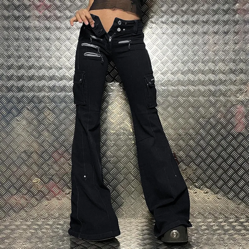 Dark Jeans Punk Girl America Retro Street Fashion Personality Zipper Pocket Metal Contrasting Cotton Micro Flared Low Rise Jeans