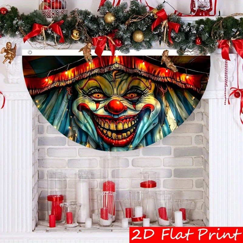 VIKAMA Retro Circus Evil Clown Half Round Banner Vintage Halloween Horror Spooky Fabric Fan Flag Indoor Outdoor Fence Decor
