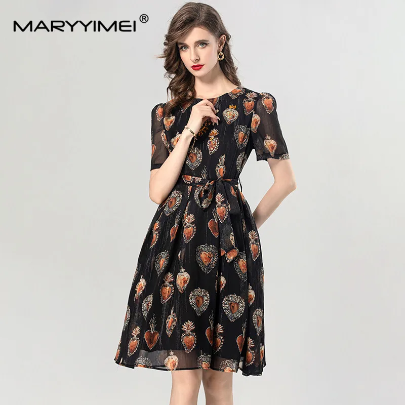 MARYYIMEI Zomer damesjurk met korte mouwen Mode Kristallen pailletten Ontwerp Vintage print Casual vakantie baljurkjurken