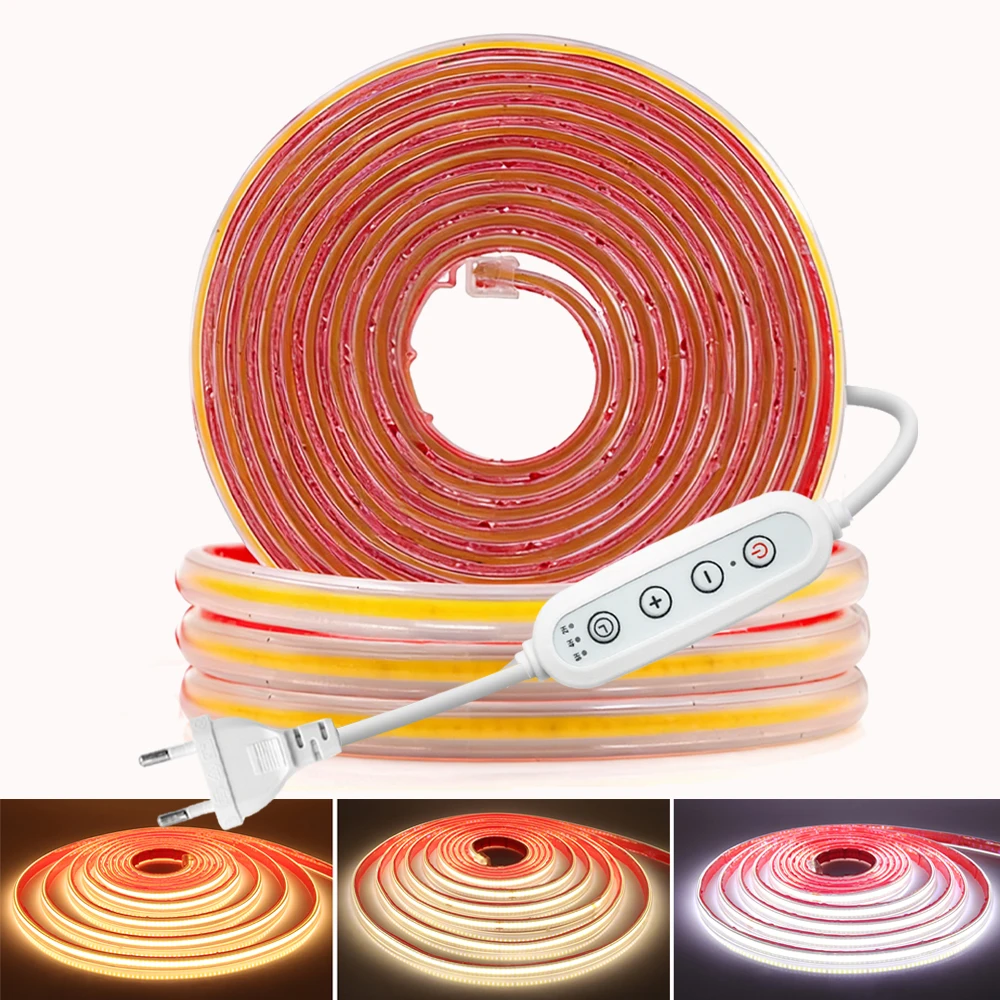 

220 В с регулируемой яркостью COB светодиодная лента, диммер, вилка европейского стандарта, 3000K, 4000K, 6000K, яркая гибкая лента, водонепроницаемая, 288 светодиодов, декор комнаты, 0,5 м, 5 м, 10 м