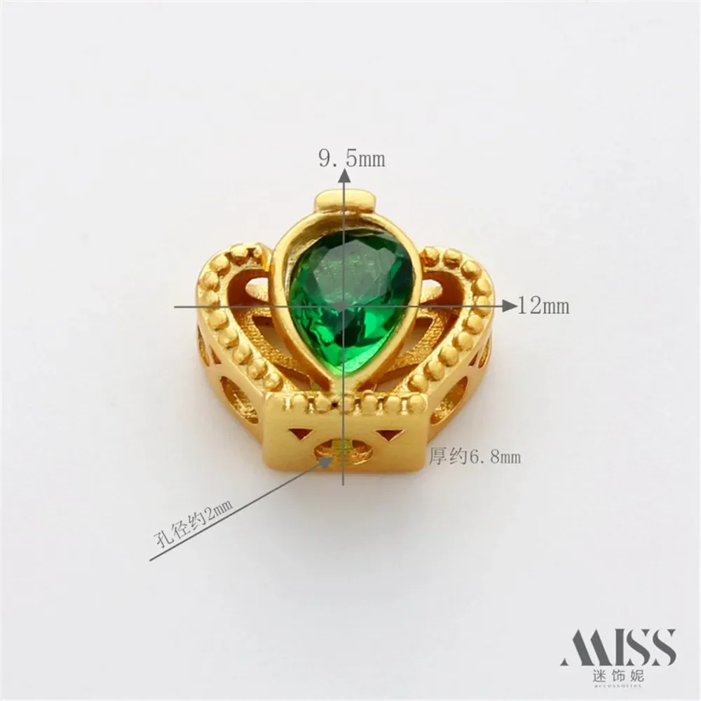 18K Gold-wrapped Color Matte Gold Hollow Inlaid with Green Zircon Crown Bead Diy Handmade Bracelet Necklace Jewelry Accessories