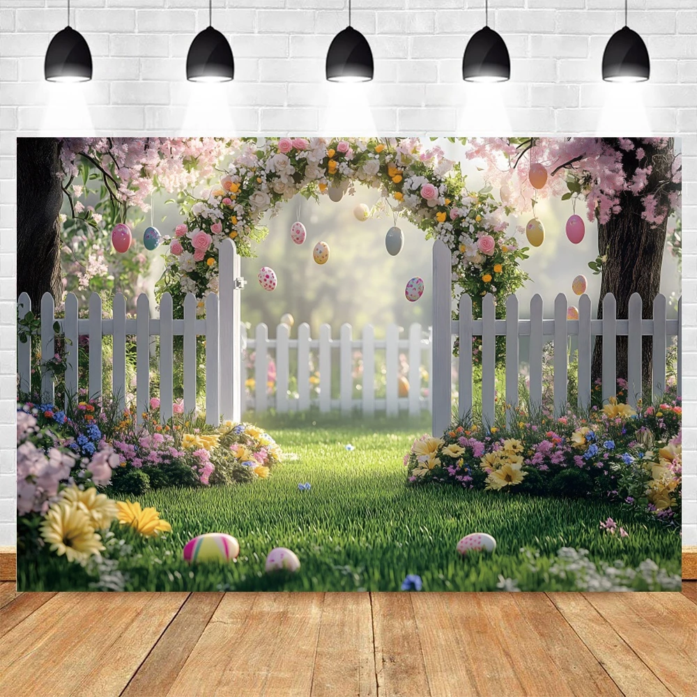 Easter Backdrop Spring Garden Photography Backdrop Bunny Blue Sky Flowers Colorful Eggs Background Easter Theme Party Backdrop