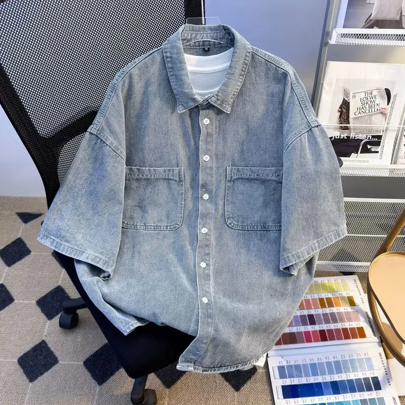 

Loose Fit Men's Denim Short Sleeve Shirt Casual Vintage BF Style Summer Fashion Polyester Fiber Regular Length Open Cardigan